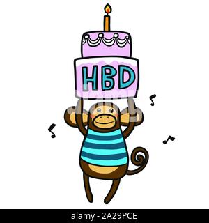 Singe garçon avec grand gâteau d'anniversaire dessin animé vecteur d'illustration Doodle style Illustration de Vecteur
