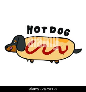Dachshund chien en hotdog dessin animé logo vecteur illustration style doodle Illustration de Vecteur