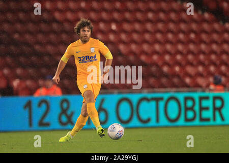 MIDDLESBROUGH, Angleterre. Le 1er octobre Ben Pearson de Preston North End au cours de la Sky Bet match de championnat entre Middlesbrough et Preston North End au stade Riverside, Middlesbrough, le mardi 1er octobre 2019. (Crédit : Mark Fletcher | MI News ) photographie peut uniquement être utilisé pour les journaux et/ou magazines fins éditoriales, licence requise pour l'usage commercial Crédit : MI News & Sport /Alamy Live News Banque D'Images