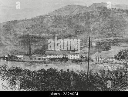 España. País Vasco. Provinvia de Guipúzcoa. Tolosa. Vista exterior de las instalaciones de la Fábrica de papel 'La Guadalupe', sobre el río Oria. Dibujo por Juan Comba. Gravure par Tomás Carlos Capuz (1834-1899). La Ilustración Española y Americana, 22 de agosto de 1884. Banque D'Images