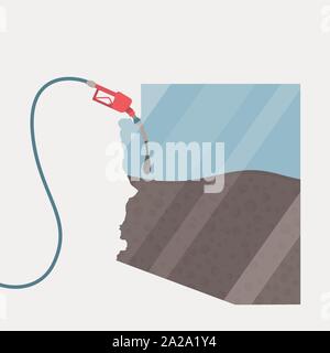 Carte Arizona, aux États-Unis, alimenté par le pétrole. Carte alimentée par la pompe à gaz. Sur la carte, il y a une réflexion de verre. Etat américain. Conceptuel. Production d'huile ou impo Illustration de Vecteur