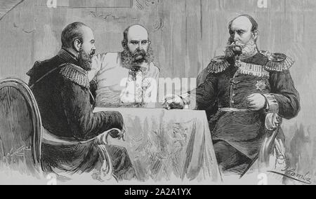 Polonia. Conferencia en impériale Skierniewice (Varsovie). La tarde del 16 de septiembre de1884, los emperadores Alejandro III (Royaume-Uni), Francisco José (Autriche), Guillermo I (Alemania) y sus respectivos ministres, Otto Von Bismarck (allemand), Nicolas Giers (anglais) y Gustave Kalnoky (austríaco) se reunieron en el palacio de Skierniewice, propiedad del Zar. Allí mantuvieron conversaciones sobre relaciones y políticas mútuas liées con la independencia polaca. Los tres emperadores conversando. Dibujo por Juan Comba. Gravure par Arturo Carretero. La Ilustración Española y Americana, 8 de octub Banque D'Images