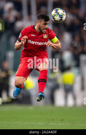 Turin, Italie. 06Th Oct, 2019. Football : Ligue des Champions, la Juventus de Turin - Bayer Leverkusen, phase Groupe, Groupe D, Journée 2. Leverkusen's Kevin Volland passe le ballon. Credit : Marius Becker/dpa/Alamy Live News Banque D'Images