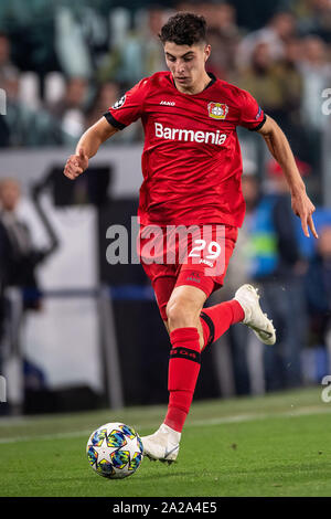 Turin, Italie. 06Th Oct, 2019. Football : Ligue des Champions, la Juventus de Turin - Bayer Leverkusen, phase Groupe, Groupe D, Journée 2. Leverkusen's Kai Havertz joue la balle. Credit : Marius Becker/dpa/Alamy Live News Banque D'Images