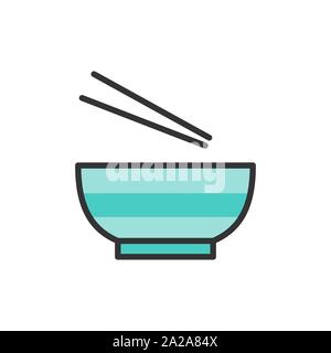 Bol de soupe aux nouilles, vecteur avec des baguettes télévision couleur ligne icône. Illustration de Vecteur