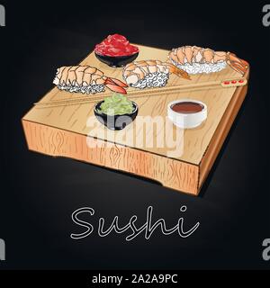 Différents types de sushis servis sur bois 24 fond noir isolé. Illustration de Vecteur