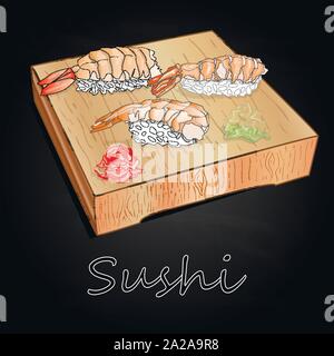 Différents types de sushis servis sur bois 24 fond noir isolé. Illustration de Vecteur