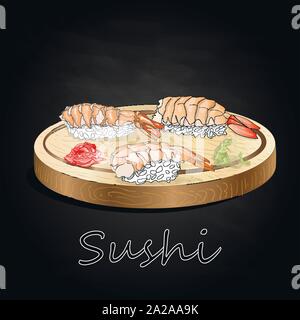 Différents types de sushis servis sur bois 24 fond noir isolé. Illustration de Vecteur