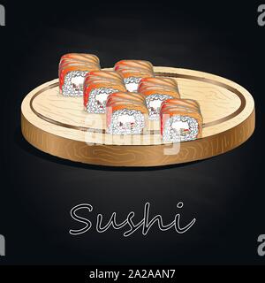 Différents types de sushis servis sur bois 24 fond noir isolé. Illustration de Vecteur