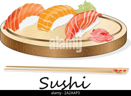 Illustration de sushi roll avec du saumon, crevette, avocat, fromage à la crème. Menu Sushi. La nourriture japonaise isolé sur blanc. Illustration de Vecteur