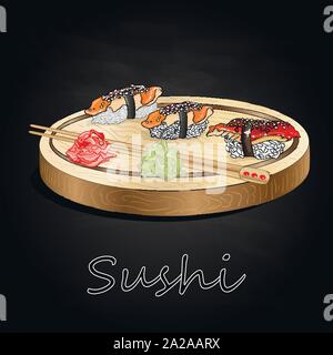Différents types de sushis servis sur bois 24 fond noir isolé. Illustration de Vecteur