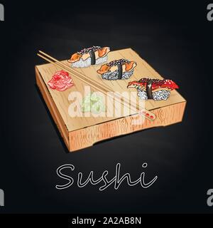 Différents types de sushis servis sur bois 24 fond noir isolé. Illustration de Vecteur