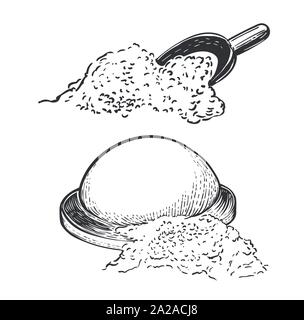 Ensemble de pâte avec de la farine et de la farine ou du sucre scoop sur fond blanc. Tirer la main dans leur gravure illustration vectorielle Illustration de Vecteur