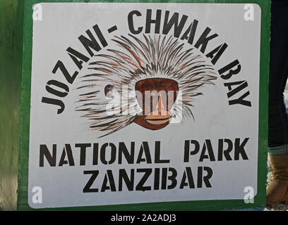 Jozani-Chwaka Bay National Park signe, Zanzibar, l'île de Unguja, Tanzanie. Banque D'Images