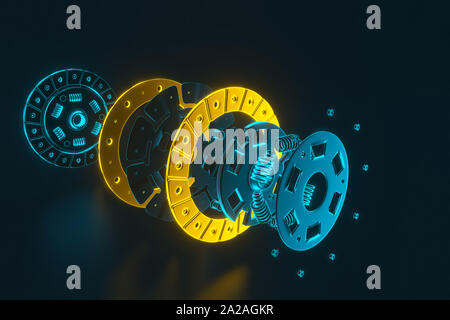 Le rendu 3d. Pièces de rechange pour camions et voitures le disque d'embrayage. Pièces automobiles pour la transmission. Image séparée de tous les disques d'embrayage en objets. Banque D'Images