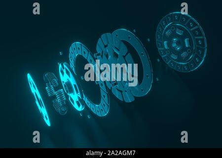 Le rendu 3d. Pièces de rechange pour camions et voitures le disque d'embrayage. Pièces automobiles pour la transmission. Image séparée de tous les disques d'embrayage en objets. Banque D'Images