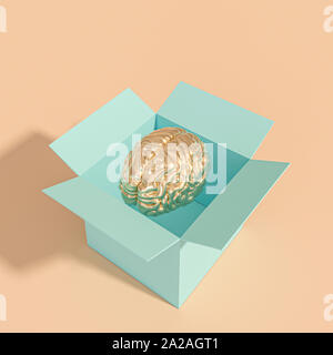 Cerveau humain d'or dans une boîte. différents, la pensée créative concept. 3D render Banque D'Images
