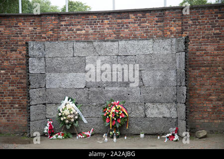 Mur d'exécution d'Auschwitz, camp de concentration, j'Oświęcim, Pologne Banque D'Images