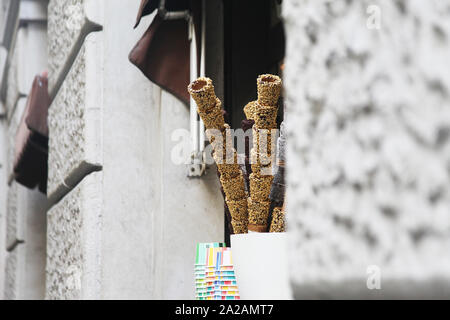 Tourné d'une pile de cornets à crème glacée, gelato dans une boutique/café du centre de Florence - l'accent principal sur la pile de cônes, avec une belle avant-plan flou. Banque D'Images