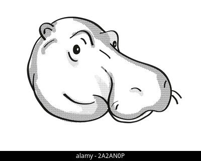 Retro cartoon style ligne mono dimensions de la tête d'une politique commune de l'hippopotame, Hippopotamus amphibius, une espèce d'espèces isolées sur des white backg Banque D'Images
