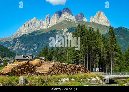 Alba-Col téléphérique dei Rossi, l'Italien Dolomites autour de Canazei, Sud Tyrol, Alpes italiennes, l'Italie, avec des tas de billes, Sassolungo peaks derrière Banque D'Images