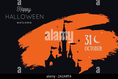 Vector Halloween party invitations ou la vente affiche, bannière. Automne fond festif avec silhouette du château Illustration de Vecteur