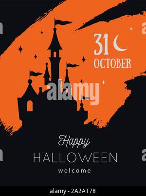 Vector Halloween party invitations ou la vente affiche, bannière. Automne fond festif avec silhouette du château Illustration de Vecteur