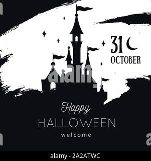 Vector Halloween party invitations ou la vente affiche, bannière. Automne fond festif avec silhouette du château Illustration de Vecteur