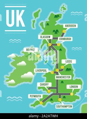 Cartoon vector map du Royaume-Uni. Illustration avec les principales villes britanniques. Illustration de Vecteur