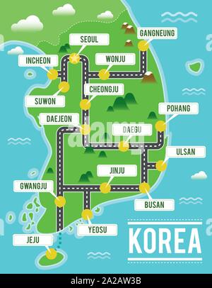 Cartoon vector map de la Corée du Sud. Illustration de voyage Corée du Sud avec les principales villes. Illustration de Vecteur
