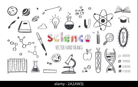 Vector hand drawn de la science et de l'éducation doodle set. L'ADN, la biologie, l'astronomie et d'autres objets. Illustration de Vecteur