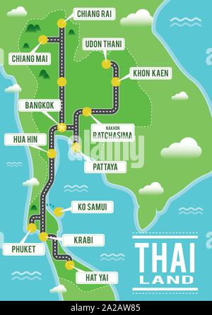 Cartoon vector map de la Thaïlande. Billet d'illustration avec thai principales villes. Illustration de Vecteur