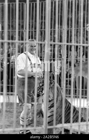 Plusieurs célébrités du cinéma et de la télévision dans l'émission de télévision de bienfaisance 'Die Goldene Zehn" (également connu sous le nom de 'Stars in der Manege'). Photo d'un homme trapu en costume bavarois dans la cage des carnivores. Banque D'Images