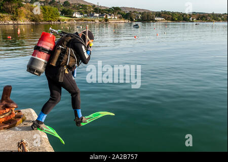 Schull, West Cork, Irlande. 2 octobre 2019. Un plongeur saute dans Schull Harbour pour dégager l'hélice du chalutier de pêche 'Laetitia', de corde et d'une marmite de crabe. Le chalutier se préparait à faire un voyage de pêche de dernière minute avant que Storm Lorenzo ne touche l'Irlande demain. Met Eireann a émis un avertissement de vent de statut Orange et un avertissement de pluie de statut jaune pour la côte ouest de l'Irlande du jeudi 9:00 au même moment vendredi. Credit: Andy Gibson/Alay Live News. Banque D'Images