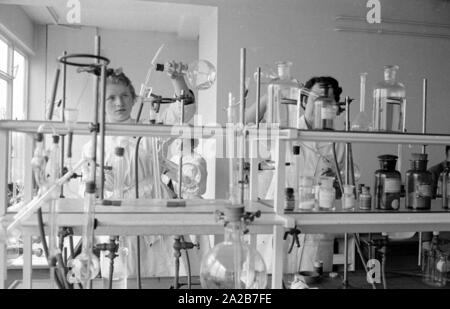 Deux techniciens de laboratoire d'effectuer des expériences chimiques dans un laboratoire dans le cadre de la valeur nutritive du pain physiologique des comparaisons de l'Institut Max Planck à Dortmund. L'étude a été publié en 1961 par le professeur dr. Hans Glatzel et dr. Helmut Canzler clinique du ministère de l'physiologiques Institut Max Planck de physiologie nutritionnelle dans la région de Dortmund. Banque D'Images