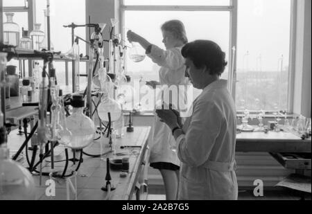 Deux techniciens de laboratoire d'effectuer des expériences chimiques dans un laboratoire dans le cadre de la valeur nutritive du pain physiologique des comparaisons de l'Institut Max Planck à Dortmund. L'étude a été publié en 1961 par le professeur dr. Hans Glatzel et dr. Helmut Canzler clinique du ministère de l'physiologiques Institut Max Planck de physiologie nutritionnelle dans la région de Dortmund. Banque D'Images