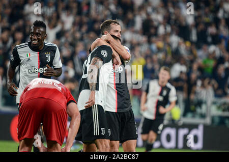 Federico Bernardeschi célèbre lors de la Ligue des Champions, match de football entre la Juventus et le Bayer Leverkusen. La Juventus a gagné 3-0 sur Ba Banque D'Images