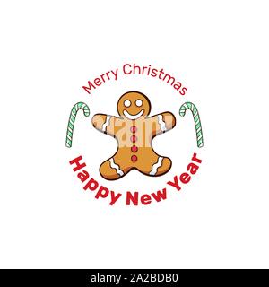 Bonne année modèle emblème. Cute Gingerbread Man avec des bonbons bâtons et de voeux de Noël composition. Félicitations de Noël. Saison Hiver Vacances tient poster, carte de souhaits design Illustration de Vecteur