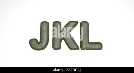 3D font du vert hi-tech jetons sur un fond blanc, police technique, les lettres sont jkl. isoler Banque D'Images