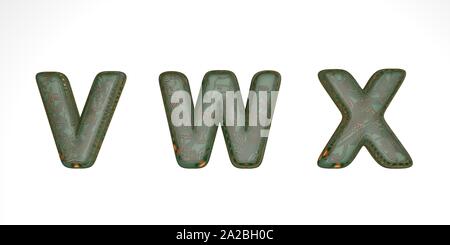 3D font du vert hi-tech jetons sur un fond blanc, police technique, les lettres sont vwx. isoler Banque D'Images