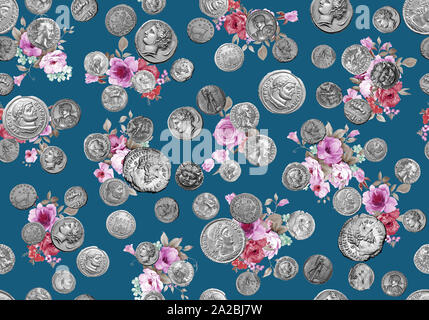 Pièces anciennes transparente avec motif fleurs aquarelle et le fond bleu d'impression textile. Banque D'Images