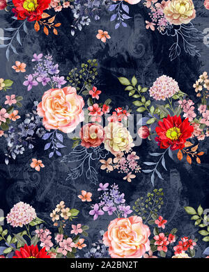 L'aquarelle transparente floral design avec fond bleu foncé pour les impressions textiles. Banque D'Images