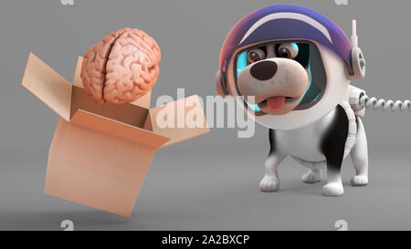 Chien chiot surpris en regardant un spacesuit cerveau sortir de fort, illustration 3D render Banque D'Images