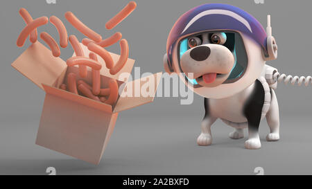 Hungry puppy dog en scaphandre d'un flotteur saucisses montres fort, illustration 3D render Banque D'Images