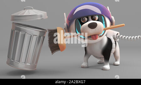 Tidy puppy dog en scaphandre nettoie sur la planète inconnue, illustration 3D render Banque D'Images