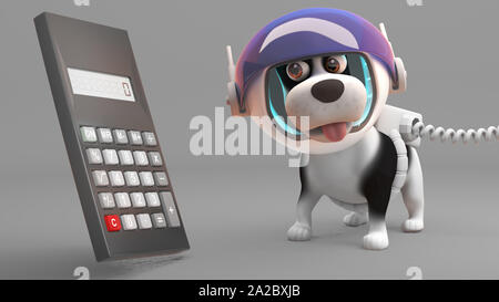 Intrigué puppy dog en scaphandre ressemble à un calculateur numérique, illustration 3D render Banque D'Images