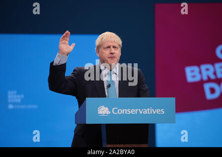 Londres, Royaume-Uni. 09Th Oct, 2019. De Premier ministre britannique Boris Johnson livre son discours exposant son parti politique sur le dernier jour du congrès du parti conservateur à Manchester le mercredi, Octobre 02, 2019. Photo par Hugo Philpott/crédit : UPIm UPI/Alamy Live News Banque D'Images