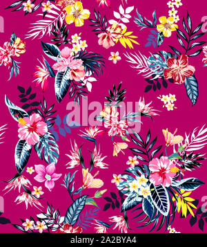 Couleur transparente des fleurs tropicales pour l'industrie textile ; Hawaiian style rétro style vintage, arrangement floral noir avec fond rose. Banque D'Images