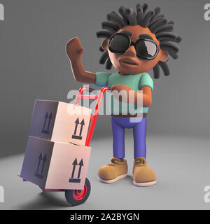 Cartoon homme noir avec des dreadlocks offrant des boîtes sur un chariot à la main, 3d illustration rendre Banque D'Images