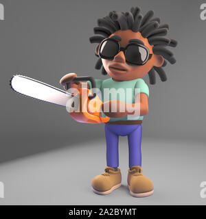 Lumberjack homme noir avec des dreadlocks tenant une tronçonneuse, illustration 3D render Banque D'Images